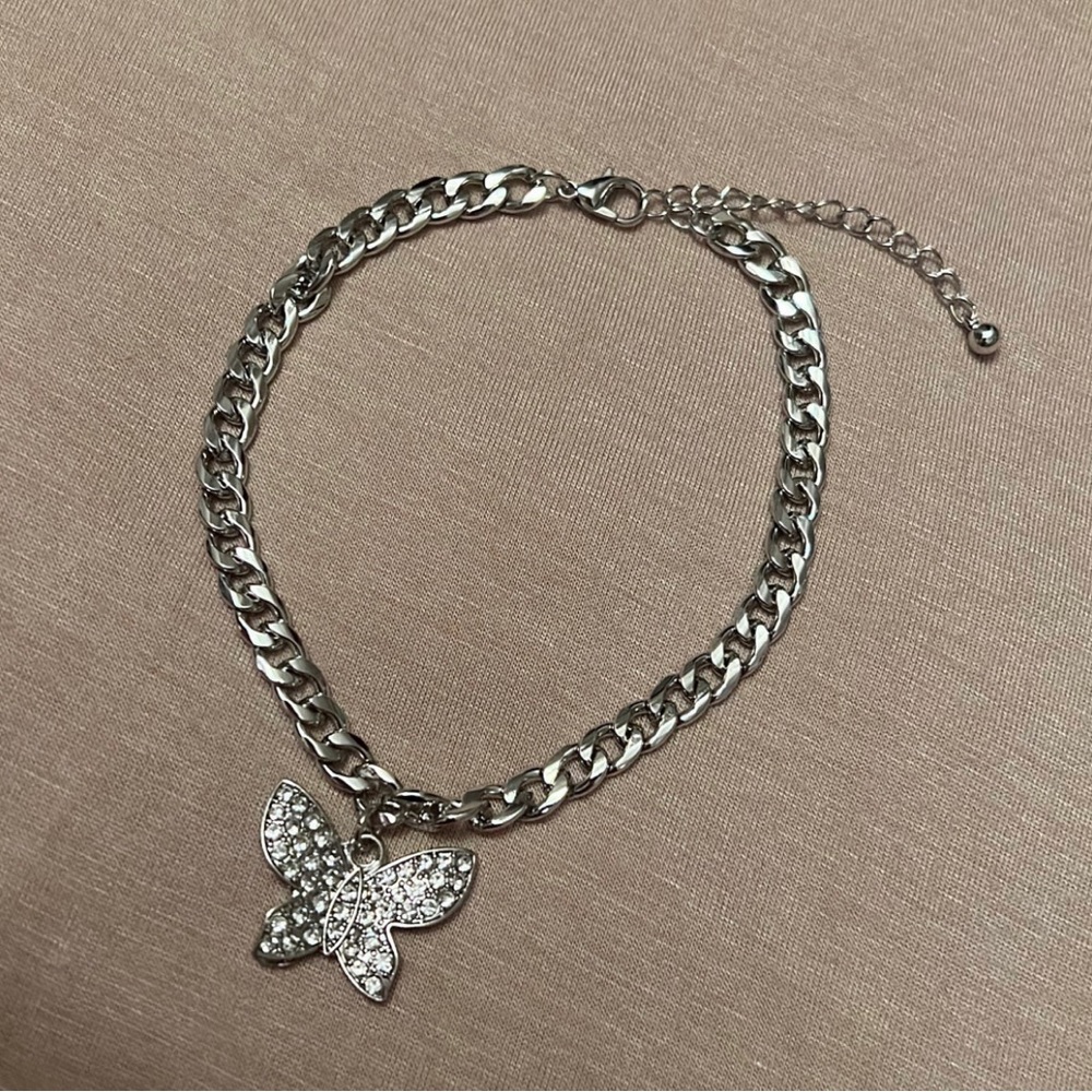 Silver Rhinestone Butterfly Anklet